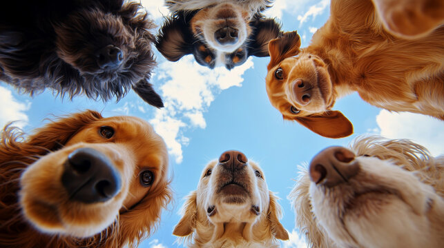 A cute group of dogs taking a selfie on a cell phone camera. Camera on the floor facing the sky.