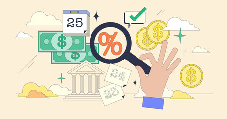 Loan interest rates and banking profit tiny person neubrutalism concept. Mortgage percentage as price for credit return to bank vector illustration. Annual monetary financial institution calculation.