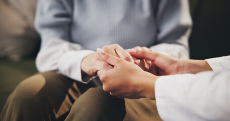 Hands, senior patient and nurse with empathy for diagnosis, arthritis and parkinson in retirement....