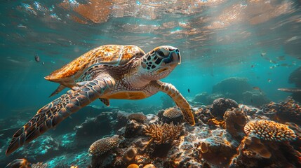 Obraz premium Sea Turtle Swimming Through Coral Reef