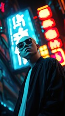 Obraz premium Person stands under neon signs in urban night scene.