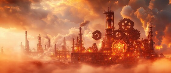 Fototapeta premium A steampunk oil refinery, featuring massive gears, pipes, and steam engines, surrounded by a smoky industrial landscape, in sepia tones