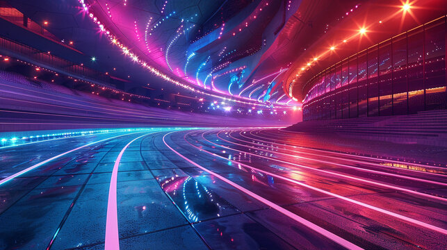 Spectacular futuristic arena with vivid colors and magical enhancements, side view, highlighting the excitement of sports in the future, digital tone, Analogous Color Scheme