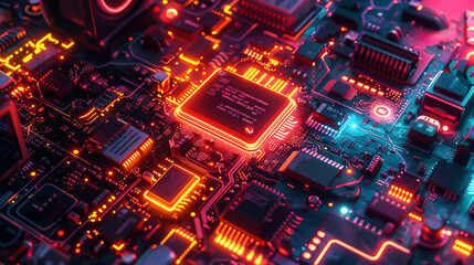 Fototapeta premium Enchanting scene of electronic devices glowing with magical electricity, top view, illustrating the wonder of tech and magic, advanced tone, Complementary Color Scheme