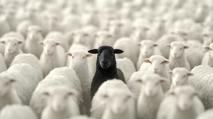 Fototapeta premium Solitary Black Sheep Standing Out in a Herd of White Sheep in a Peaceful Pastoral Landscape