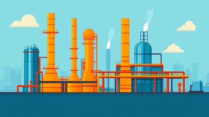 Fototapeta premium Heavy machinery, oil refinery setup, flat design illustration