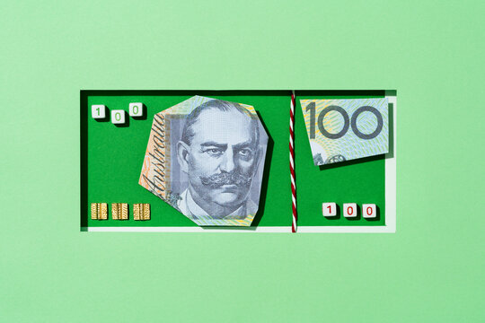 Fake Australian dollar banknote on green background, collage style