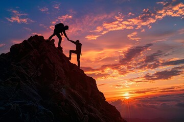Silhouette of a Man Assisting a Friend to Reach the Mountain Top at Sunset: Concept of Help and Friendship