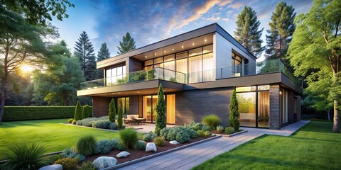 Fototapeta premium Modern house surrounded by green trees and a peaceful park setting, house, park, green, trees, nature, architecture