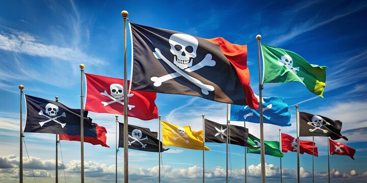 Collection of various pirate flags isolated on background, pirate, flag, skull, bones, jolly roger, crossbones, pirate ship, black