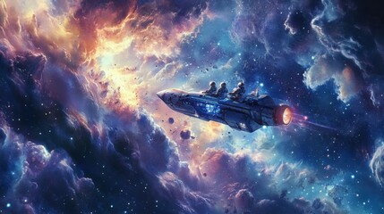 Fototapeta premium Three Astronauts Traveling Through a Cosmic Nebula in a Spaceship