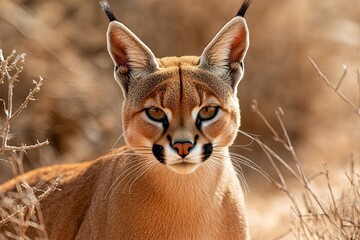Obraz premium Close-up caracal portrait in desert with scrub