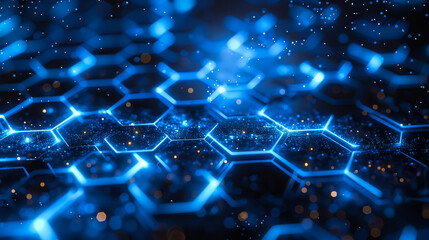 Obraz premium Glowing blue hexagonal network expands across a dark background, symbolizing technological growth and interconnectedness
