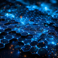 Obraz premium Glowing blue hexagonal network expands across a dark background, symbolizing technological growth and interconnectedness