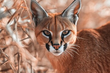 Close-up caracal portrait in desert with scrub