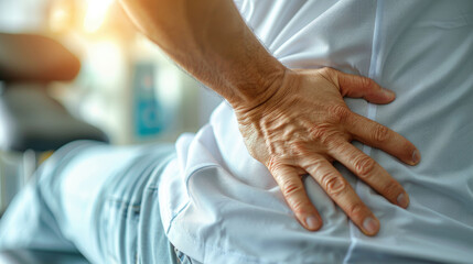 Fototapeta premium Captivating back pain relief session, with a focus on the therapeutic hands of a chiropractor, set in a modern, well-lit office