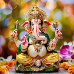 Lord ganesha sculpture on blur nature background