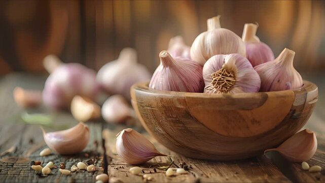 A rustic wooden bowl overflowing with fresh garlic cloves, set against a wooden background.