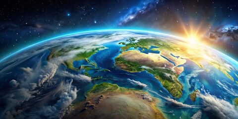 Obraz premium Breathtaking aerial view of Earth from outer space showcasing its majestic beauty and diverse landscapes, Earth, planet, space