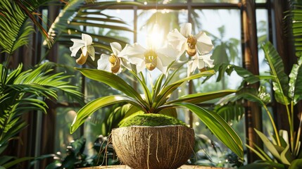 Obraz premium Tranquil botanical display venus slipper orchid in coconut shell amidst sunlit foliage