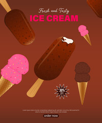 Strawberry and chocolate ice cream vector illustration. Icecream parlor discount offer vertical poster design.