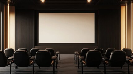 Modern large indoor conference hall meeting room with wide screen frame on black cream wall background and black chairs