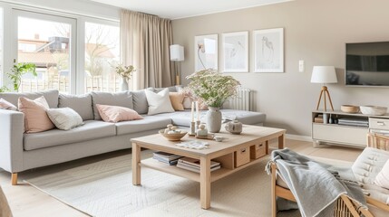 Stylish living room with modern decor, featuring a cozy sofa, elegant coffee table, and natural light streaming through large windows.