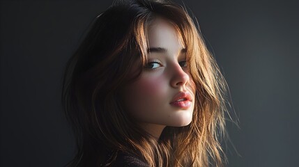 Fototapeta premium Pensive Young Woman with Glowing Skin and Thoughtful Gaze