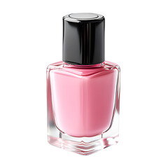 Shiny pink nail polish in closed by black bottle cap isolated on cut out PNG or transparent background. Fashion Beauty Varnish. Cosmetics for women. Helps nails become clean and healthy again.