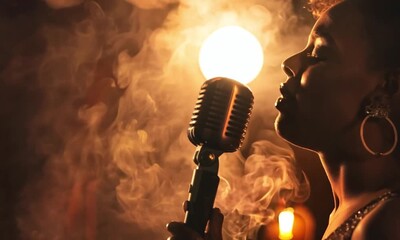 A female singer passionately performing into a vintage microphone, with smoke and warm, dramatic lighting creating an atmospheric background