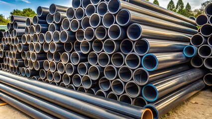 Pile of black HDPE pipes for water transportation, HDPE pipes, irrigation, plastic, water