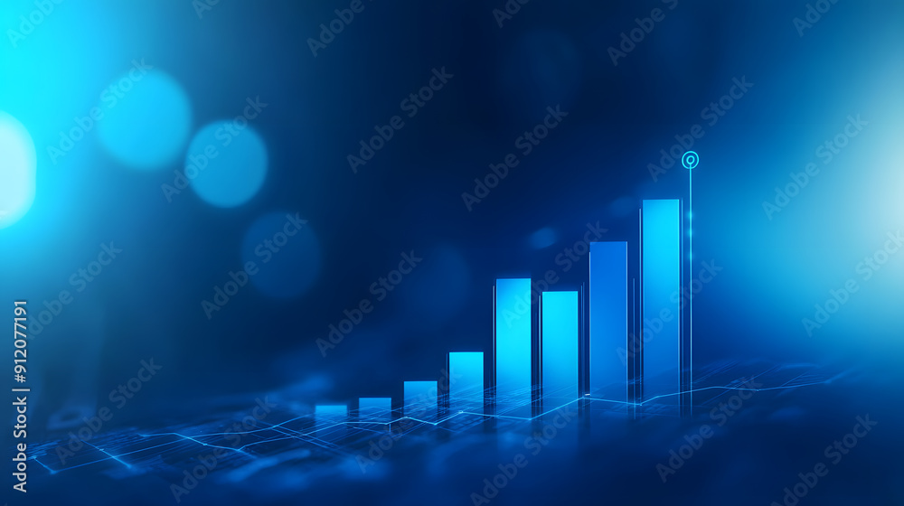 Poster abstract blue graph with glowing lines and bar charts..