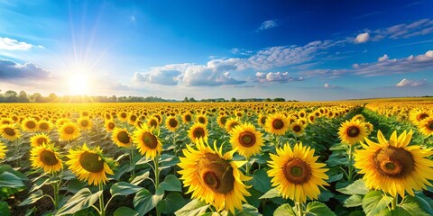 Fototapeta premium Vibrant sunflower field stretching towards the horizon under a clear blue sky, sunflowers, field, nature, vibrant, colorful