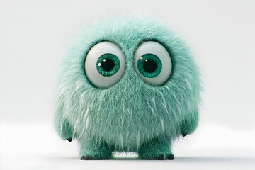 Adorable Green Fluffy Monster with Big Eyes in Cartoon Style