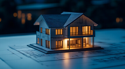 Architectural model of a modern house with warm interior lighting.