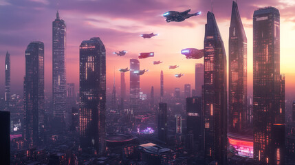 Fototapeta premium Futuristic City with Flying Vehicles at Dusk 