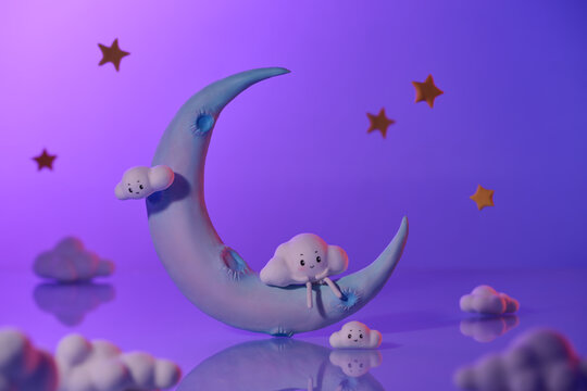 Cute Smiling Clouds On Crescent Moon With Stars
