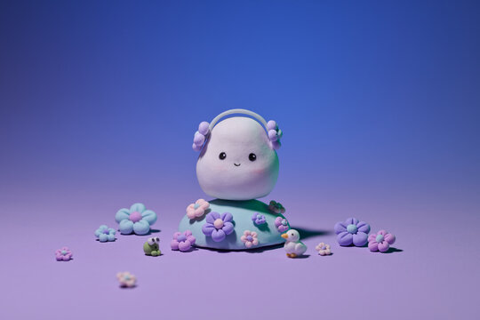 Cute Pastel Doll with Flowers and Animals on Purple Background