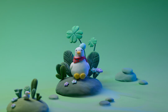 Cute Clay Duck Family Relaxing in Green Nature Scene