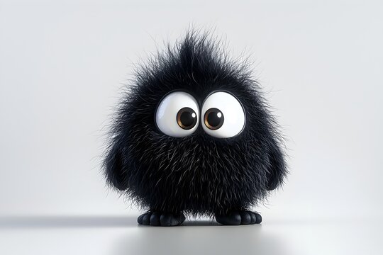 Adorable Fluffy Black Monster with Googly Eyes on White Background