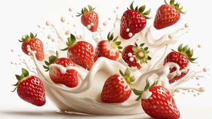 Fresh Strawberries in Milk Splash Isolated on White Background