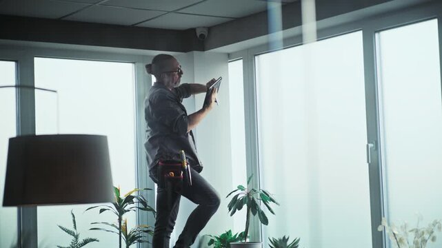 Male mature technician stands on ladder, installs CCTV camera in office room using tablet computer with professional software. Monitoring and tracking. Security system, video surveillance and privacy.