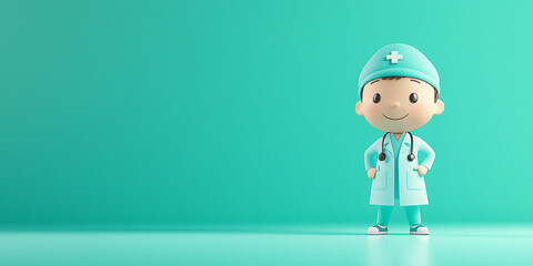 Obraz premium Freundliche Comicfigur Kinderarzt auf neutralen Hintergrund für Werbeschild Banner oder Karte 