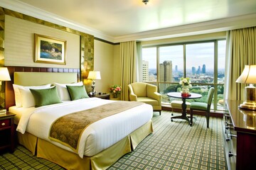 Luxury Hotel Suite with City View:  A spacious and inviting hotel suite with a king-size bed, plush seating, and a large window offering breathtaking panoramic views of the city skyline.  This image e
