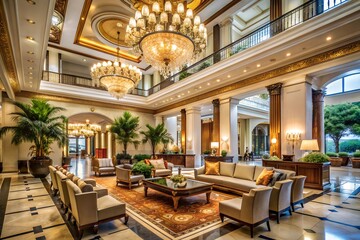 Opulent Grandeur: A breathtaking view of a palatial hotel lobby, bathed in the warm glow of ornate chandeliers and adorned with luxurious furnishings.  
