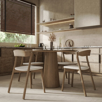 Kitchen and dining room interior, 3d rendering