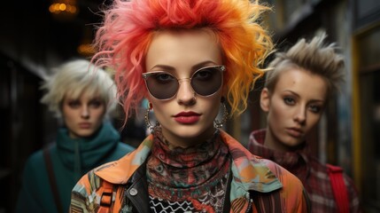 Fototapeta premium 1980s 1990s style. Punk fashion as a reaction to the hippie movement of past decades and against materialistic values of current decade. Retro, pop, hipster, neon, colorful, nineteenth.