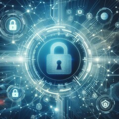 Abstract cyber security concept with a padlock icon, network data and dynamic lines on a light blue background
