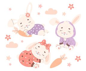 Collection cute funny sleeping animals rabbits in pajamas with carrot. Vector illustration. Kids collection in pastel colors