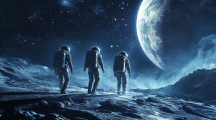 Obraz premium Three Astronauts Exploring a Distant Planet with a Blue Sky and Stars
